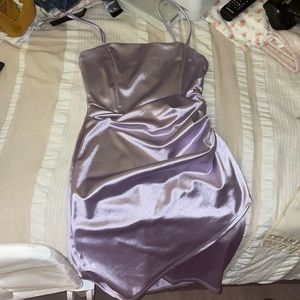 Satin lavender dress, Obove knee and hourglass fit.